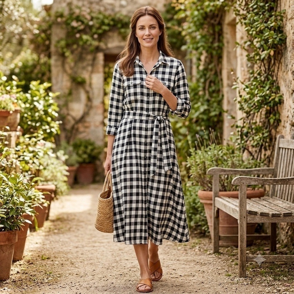Polo Ralph Lauren Madras Belted Cotton Twill Shirtdress Gingham Black White 6 NW